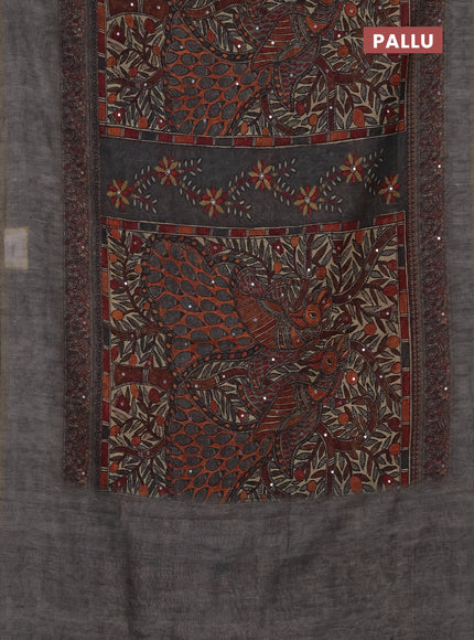 Semi linen saree grey with allover madhubani prints & mirror work
