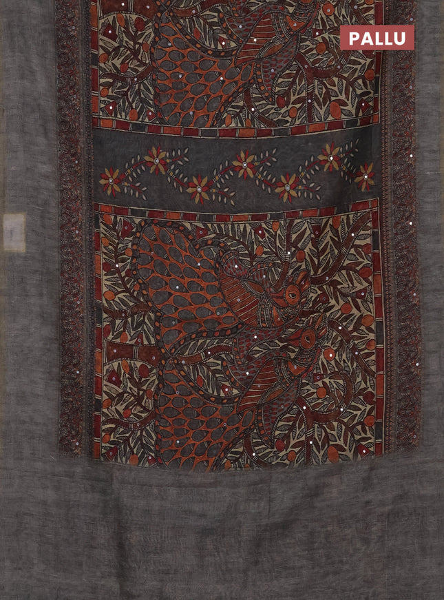Semi linen saree grey with allover madhubani prints & mirror work