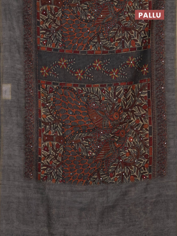 Semi linen saree grey with allover madhubani prints & mirror work