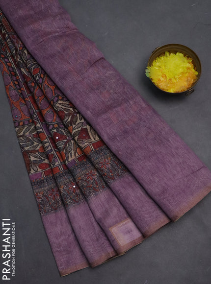 Semi linen saree purple shade with allover madhubani prints & mirror work