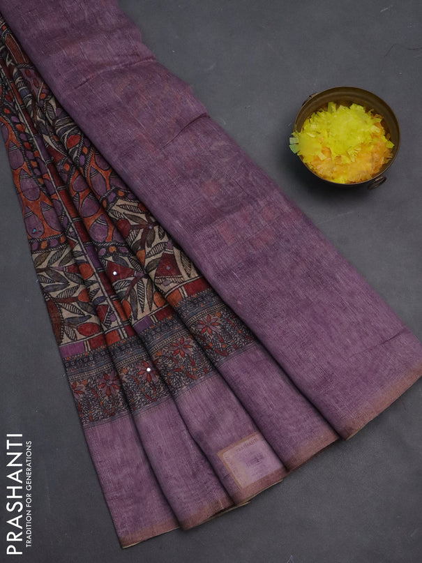 Semi linen saree purple shade with allover madhubani prints & mirror work