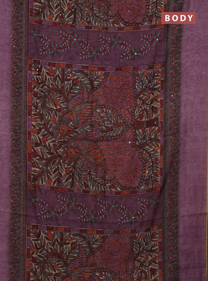 Semi linen saree purple shade with allover madhubani prints & mirror work