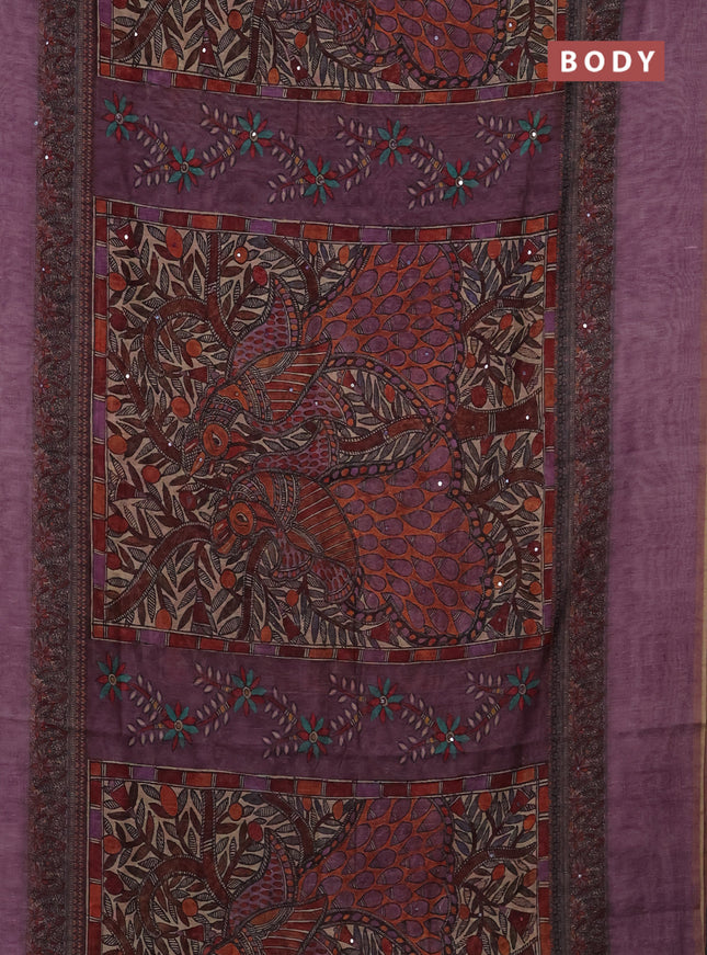 Semi linen saree purple shade with allover madhubani prints & mirror work