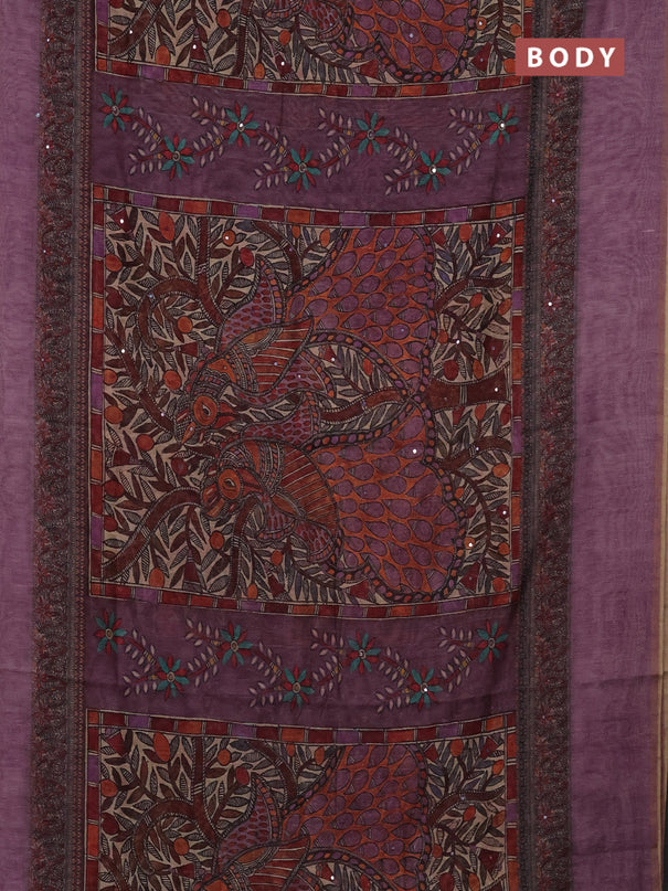 Semi linen saree purple shade with allover madhubani prints & mirror work