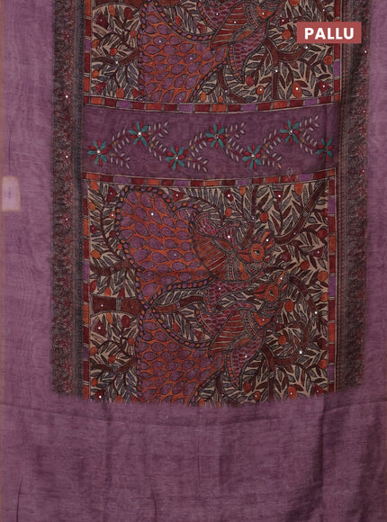 Semi linen saree purple shade with allover madhubani prints & mirror work