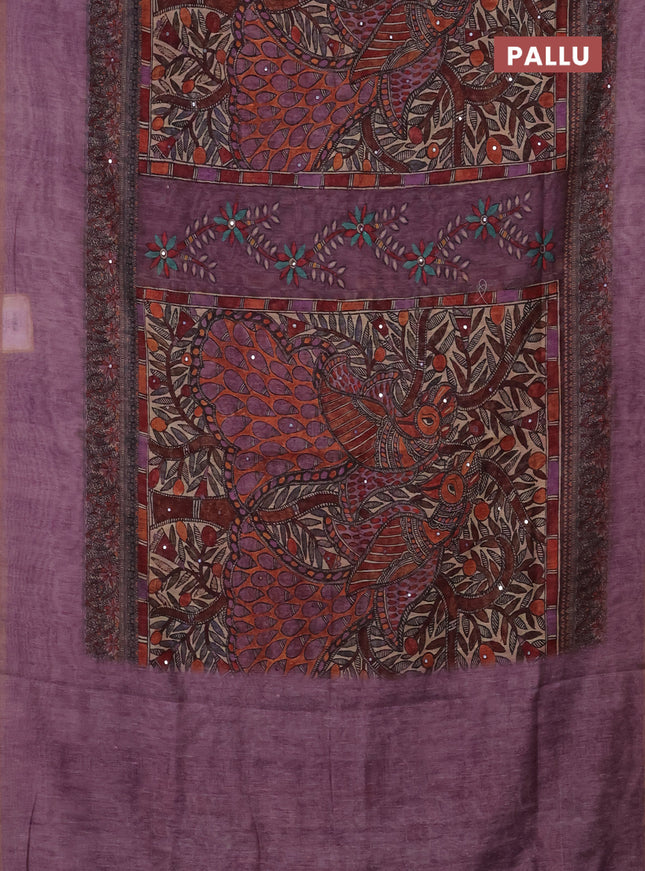 Semi linen saree purple shade with allover madhubani prints & mirror work