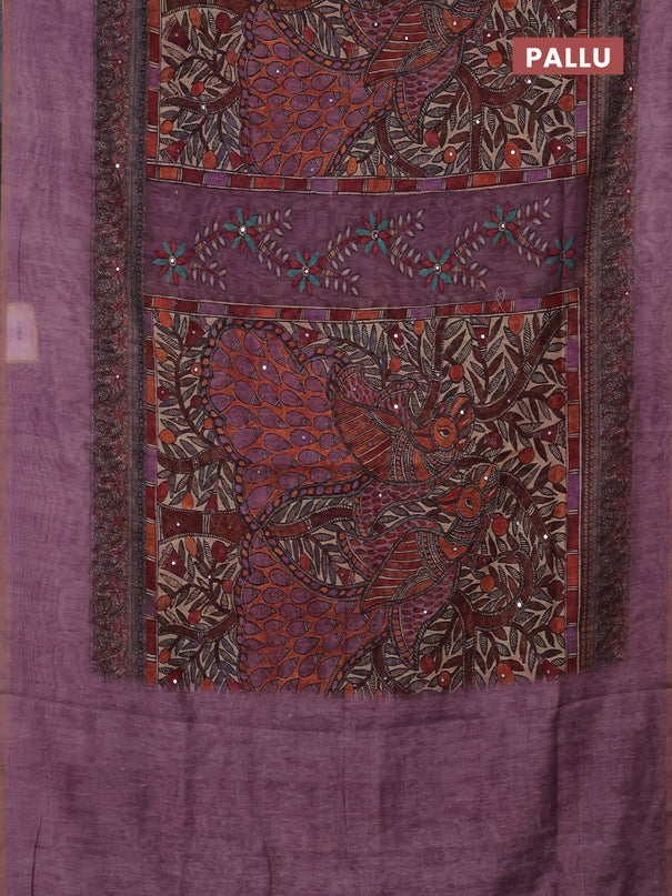 Semi linen saree purple shade with allover madhubani prints & mirror work