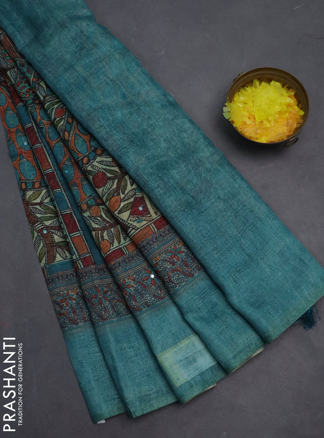 Semi linen saree teal blue with allover madhubani prints & mirror work