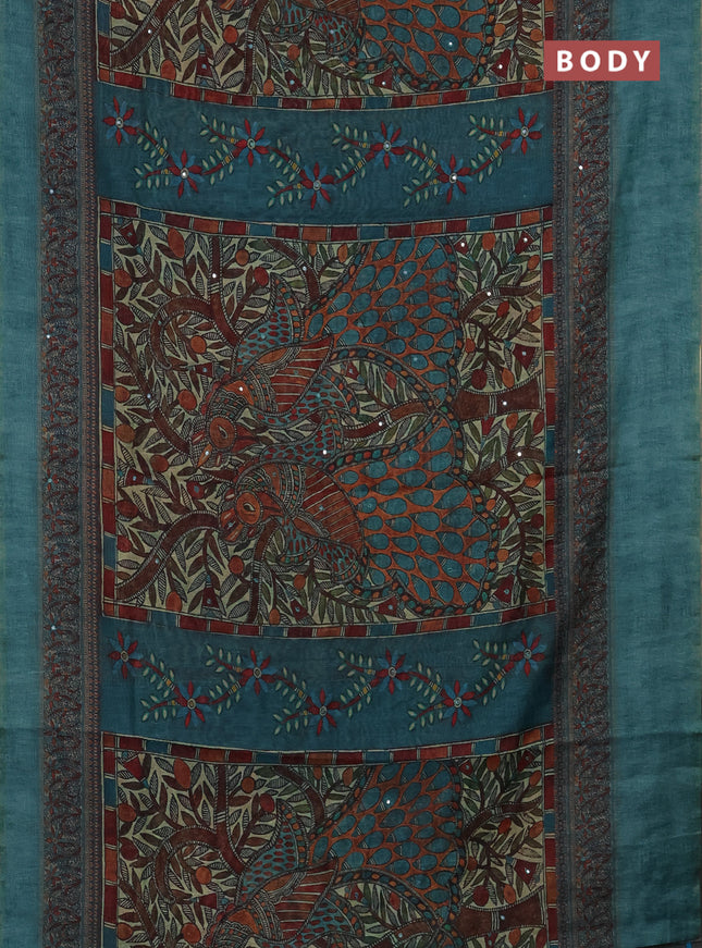 Semi linen saree teal blue with allover madhubani prints & mirror work