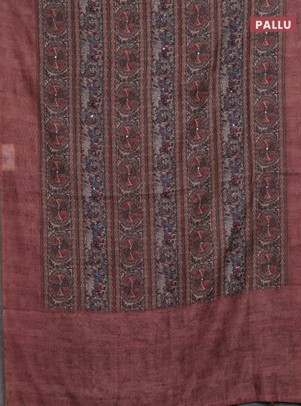 Semi linen saree pastel brown with allover madhubani prints & mirror work
