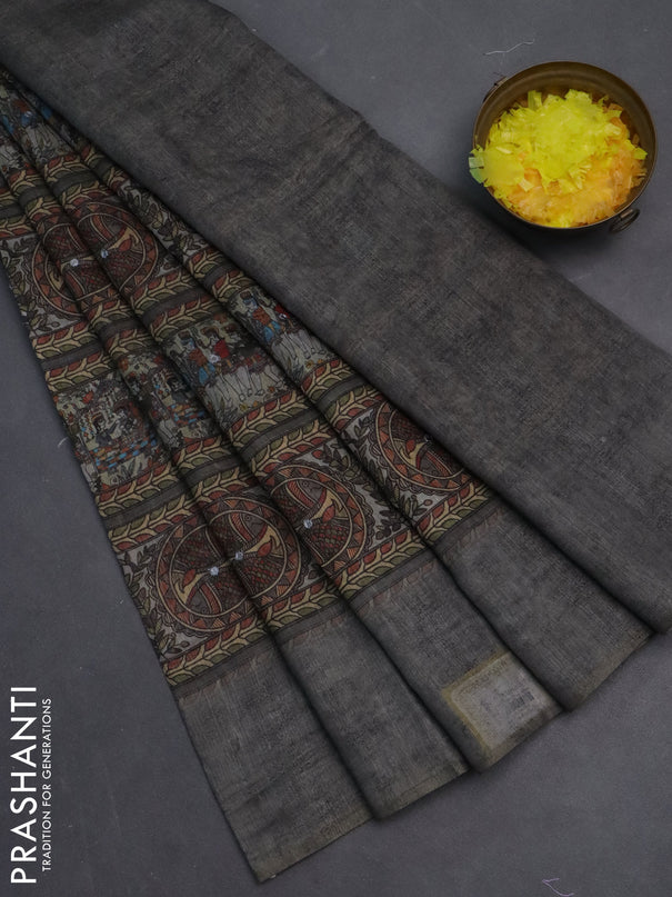 Semi linen saree grey with allover madhubani prints & mirror work