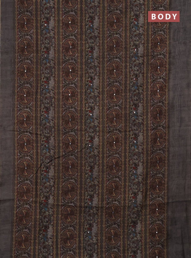 Semi linen saree grey with allover madhubani prints & mirror work