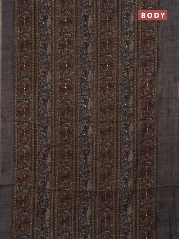 Semi linen saree grey with allover madhubani prints & mirror work