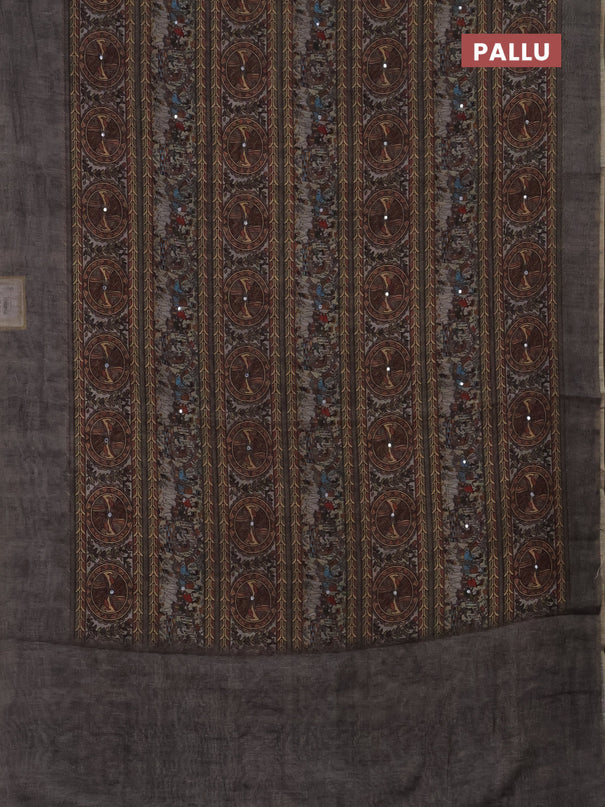 Semi linen saree grey with allover madhubani prints & mirror work