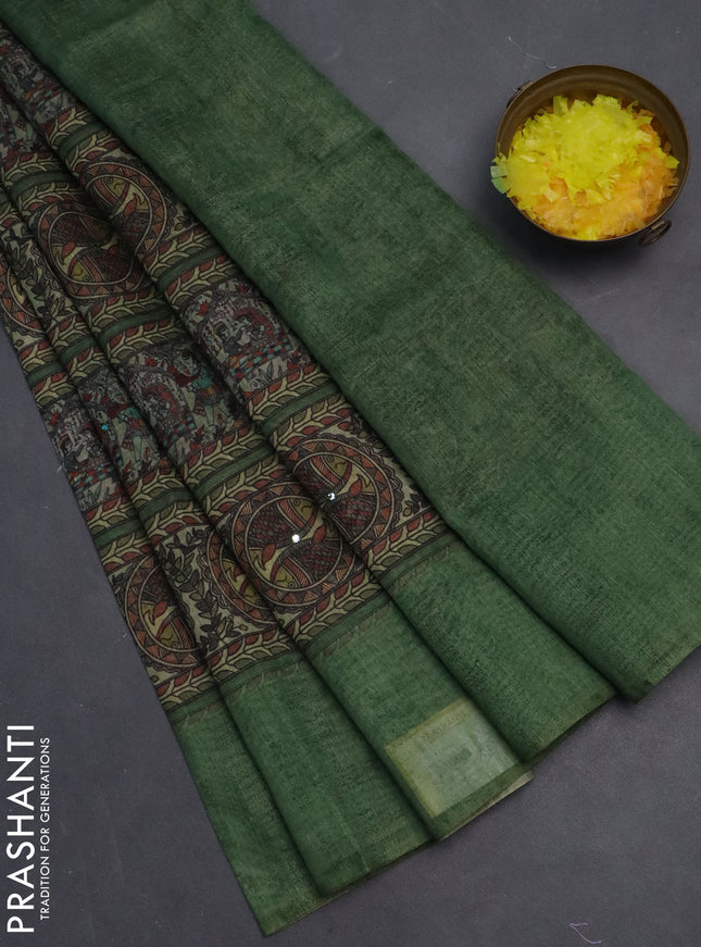 Semi linen saree green with allover madhubani prints & mirror work