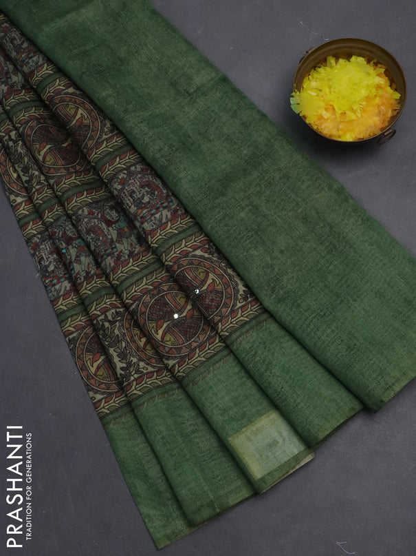 Semi linen saree green with allover madhubani prints & mirror work