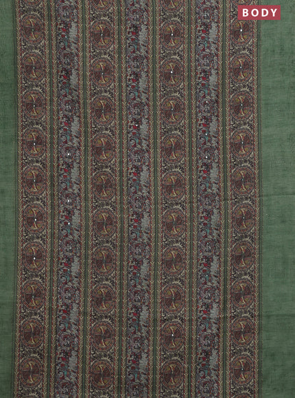 Semi linen saree green with allover madhubani prints & mirror work