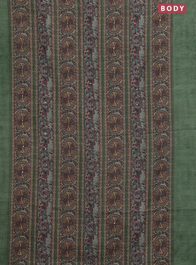 Semi linen saree green with allover madhubani prints & mirror work