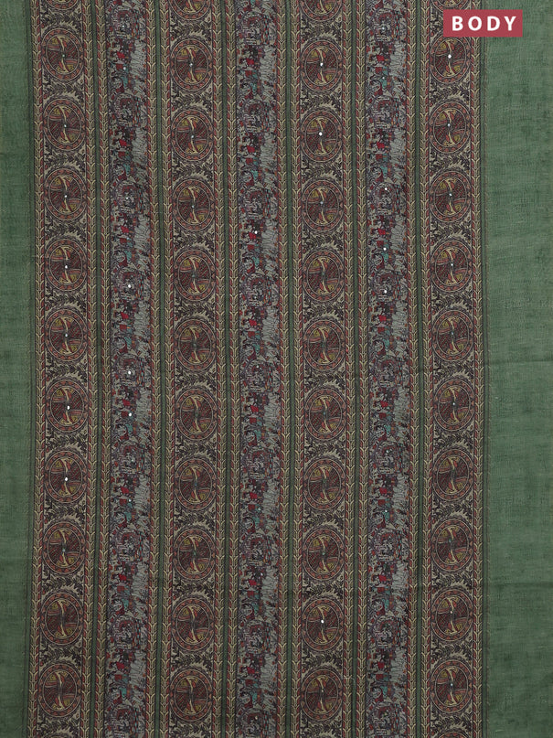 Semi linen saree green with allover madhubani prints & mirror work