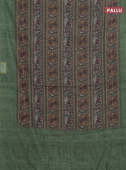 Semi linen saree green with allover madhubani prints & mirror work