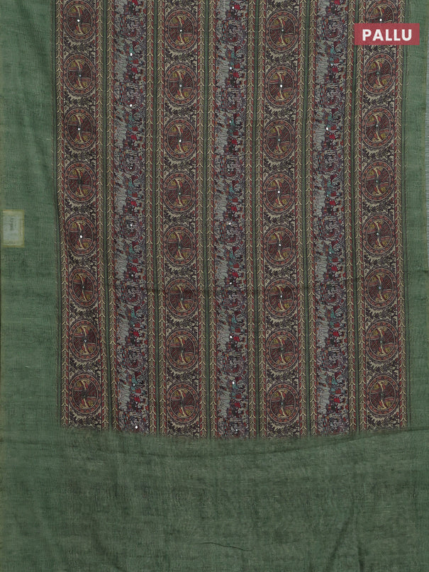 Semi linen saree green with allover madhubani prints & mirror work