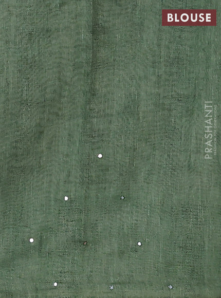 Semi linen saree green with allover madhubani prints & mirror work