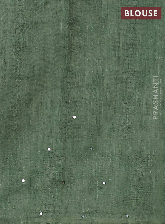 Semi linen saree green with allover madhubani prints & mirror work