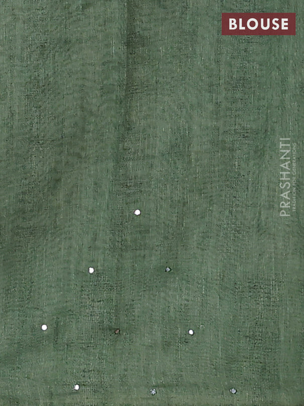 Semi linen saree green with allover madhubani prints & mirror work