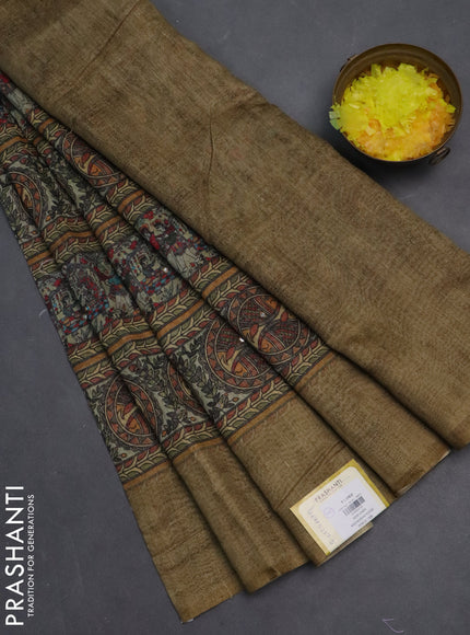 Semi linen saree green shade with allover madhubani prints & mirror work