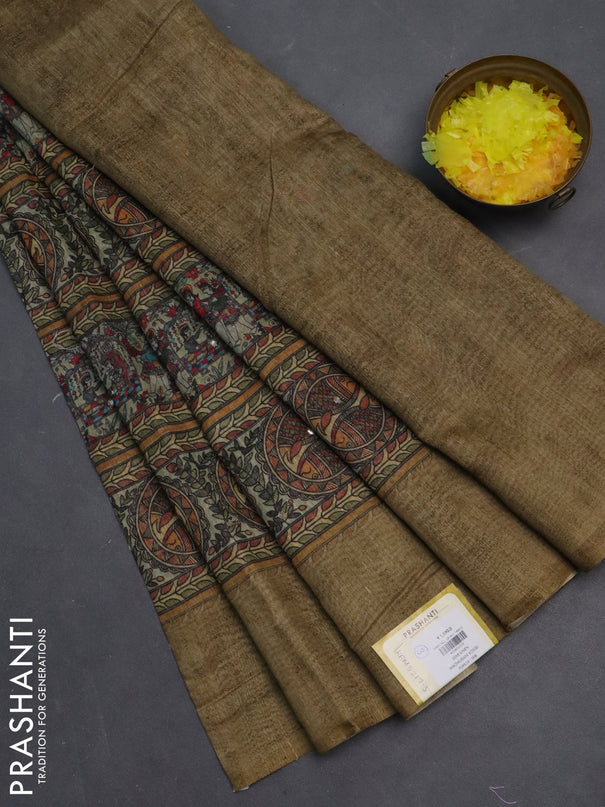 Semi linen saree green shade with allover madhubani prints & mirror work