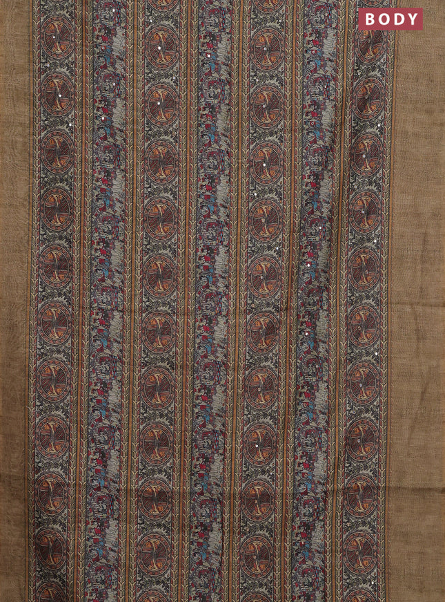 Semi linen saree green shade with allover madhubani prints & mirror work