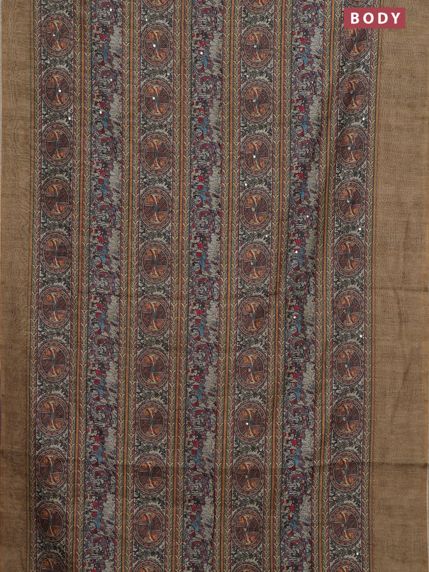 Semi linen saree green shade with allover madhubani prints & mirror work