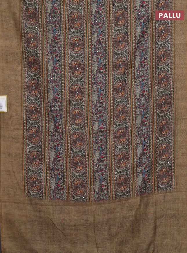 Semi linen saree green shade with allover madhubani prints & mirror work