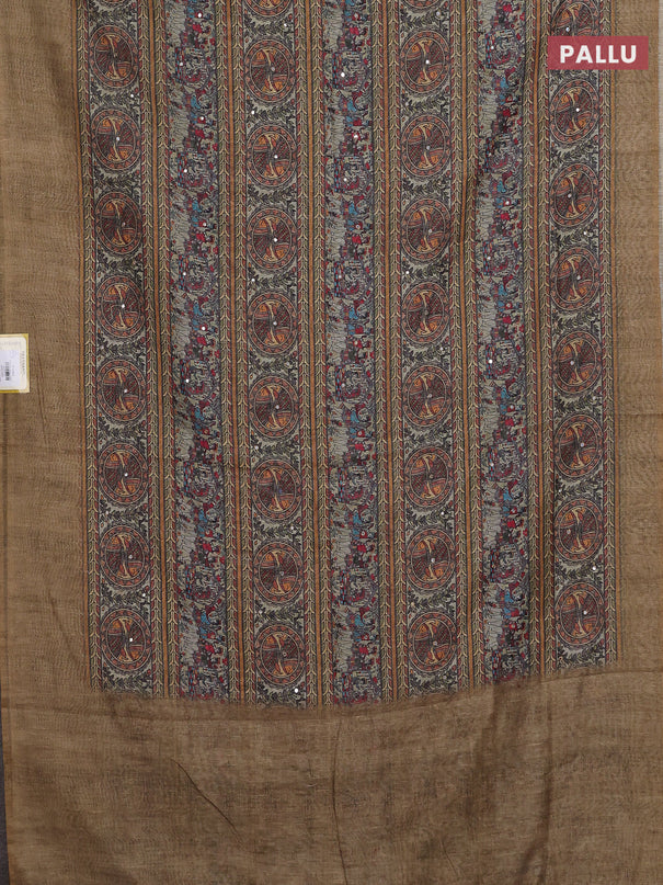 Semi linen saree green shade with allover madhubani prints & mirror work