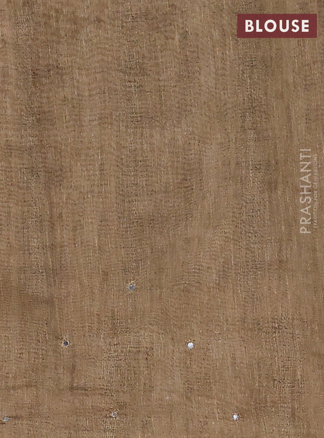 Semi linen saree green shade with allover madhubani prints & mirror work