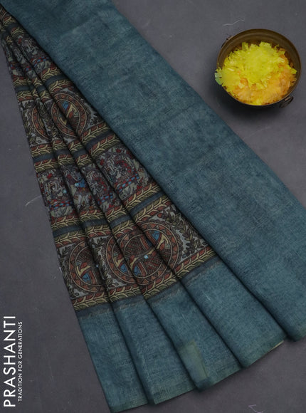 Semi linen saree pastel blue shade with allover madhubani prints & mirror work