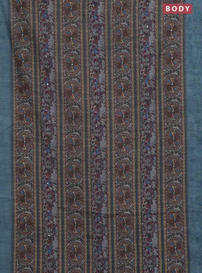 Semi linen saree pastel blue shade with allover madhubani prints & mirror work