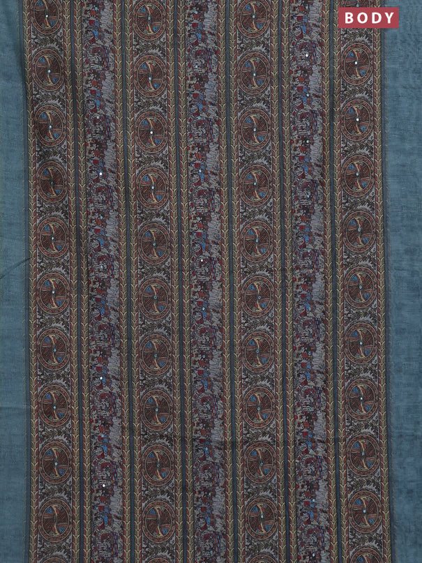 Semi linen saree pastel blue shade with allover madhubani prints & mirror work