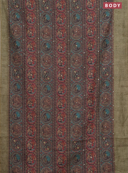 Semi linen saree pista green with allover madhubani prints & mirror work