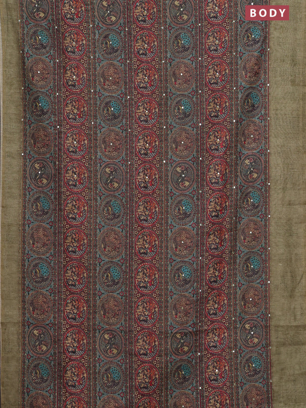 Semi linen saree pista green with allover madhubani prints & mirror work