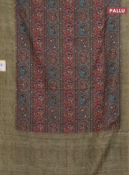 Semi linen saree pista green with allover madhubani prints & mirror work