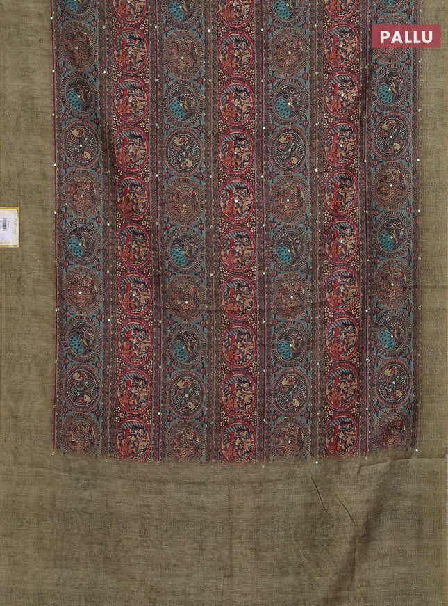 Semi linen saree pista green with allover madhubani prints & mirror work