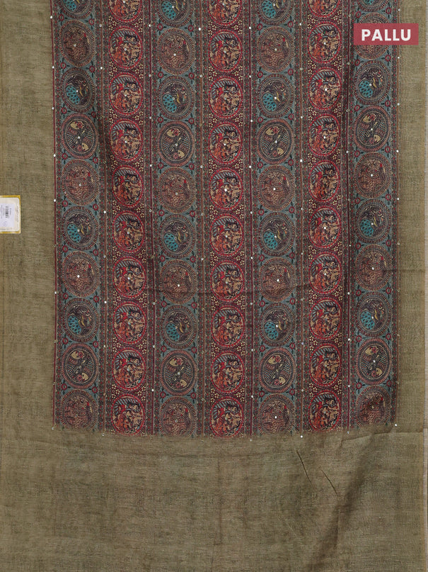 Semi linen saree pista green with allover madhubani prints & mirror work