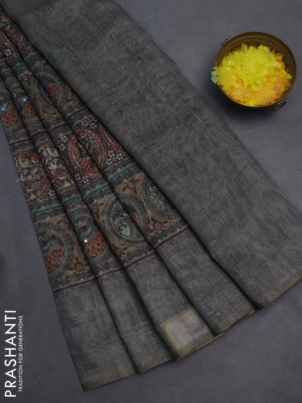 Semi linen saree grey shade with allover madhubani prints & mirror work