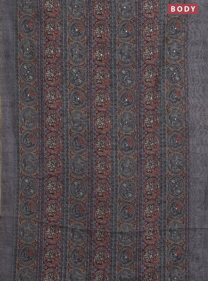 Semi linen saree grey shade with allover madhubani prints & mirror work