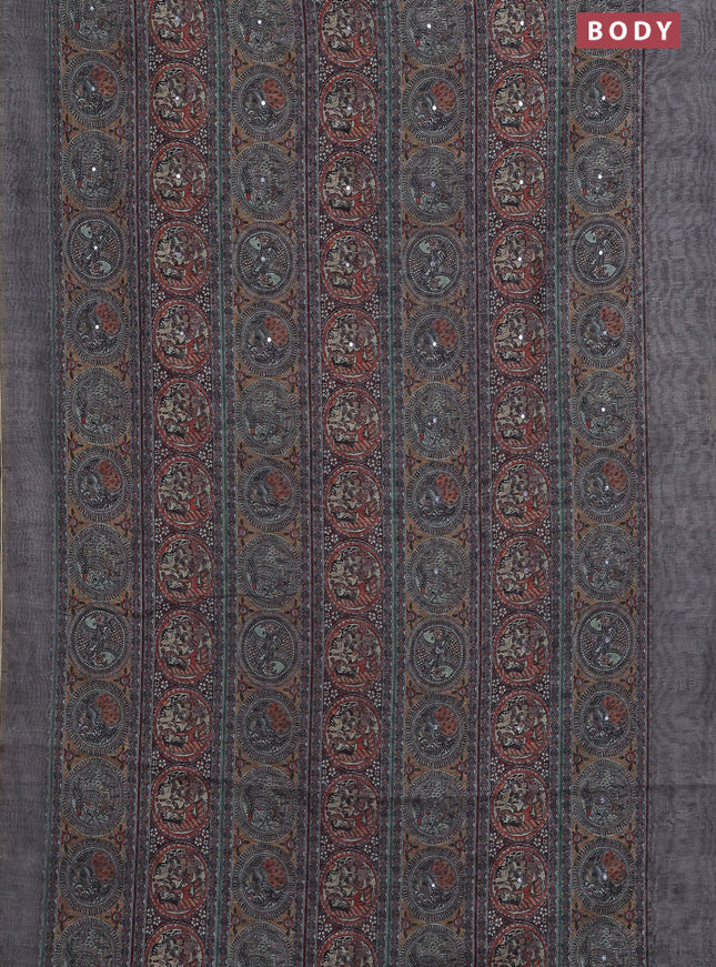 Semi linen saree grey shade with allover madhubani prints & mirror work