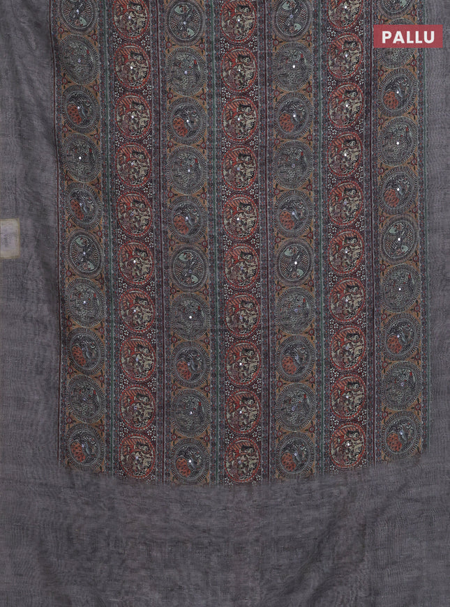 Semi linen saree grey shade with allover madhubani prints & mirror work