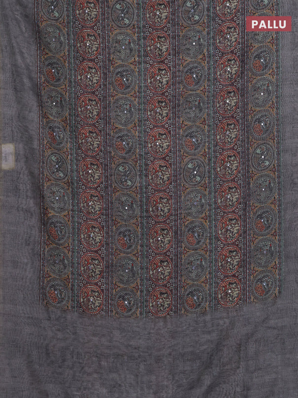 Semi linen saree grey shade with allover madhubani prints & mirror work