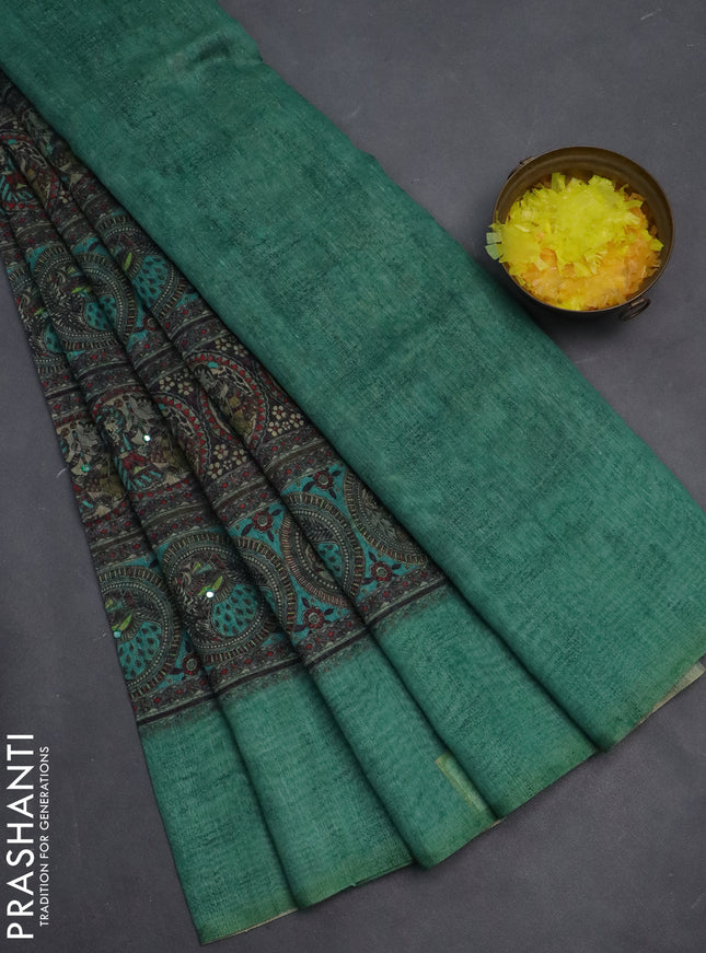 Semi linen saree teal green shade with allover madhubani prints & mirror work