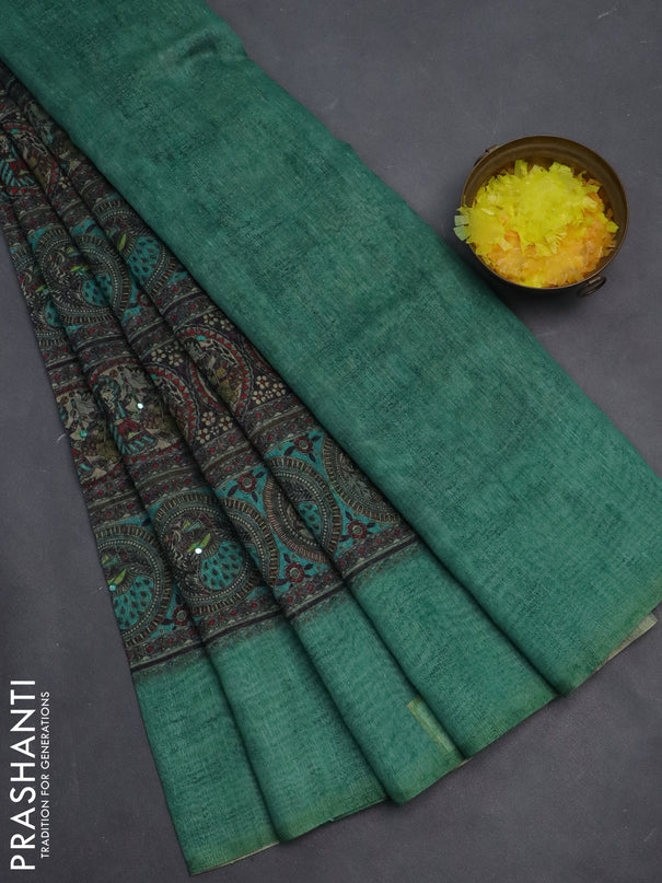 Semi linen saree teal green shade with allover madhubani prints & mirror work